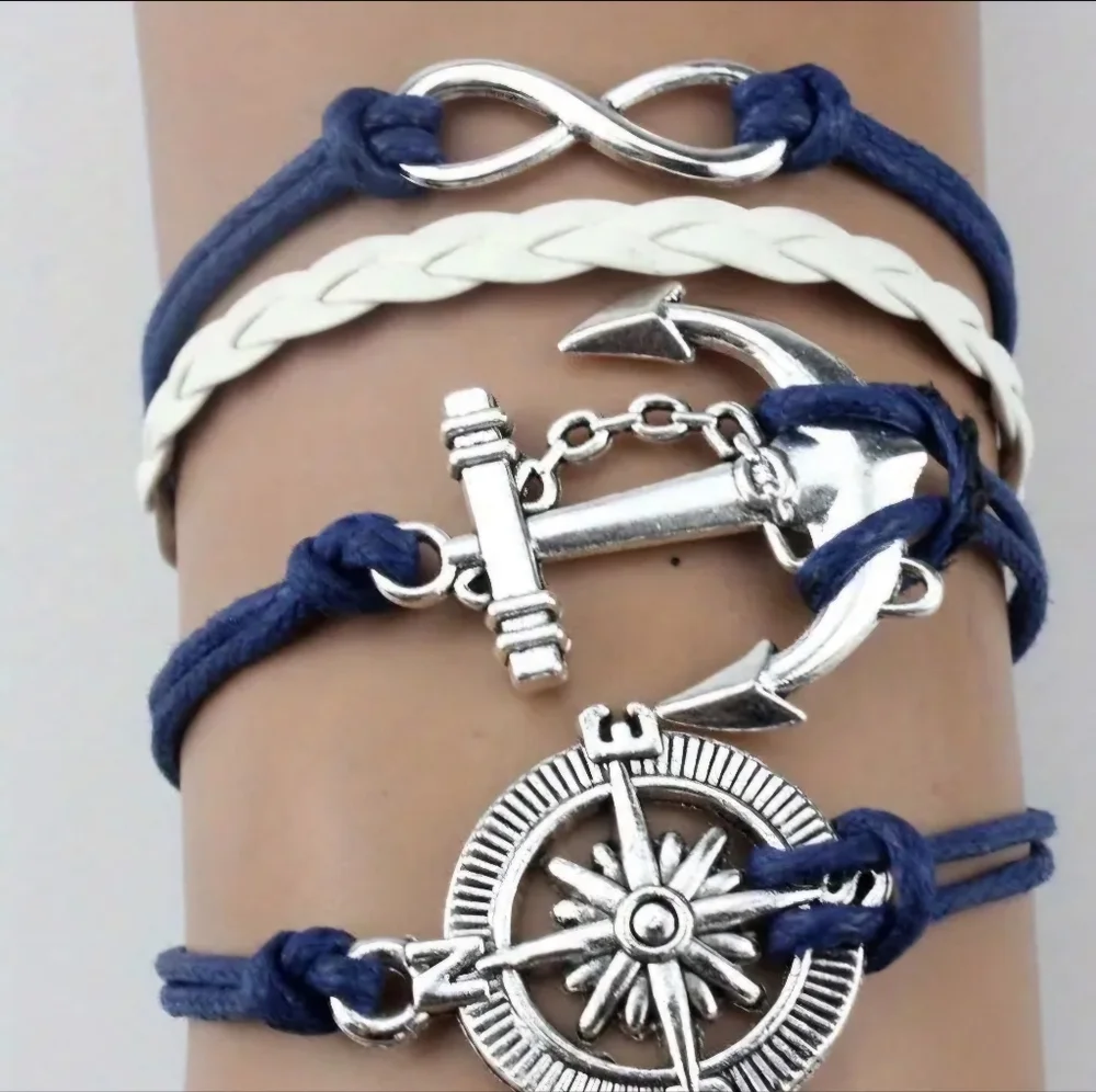 Nautical bracelet beautiful navy & white adorned with silver Anchor,♾️,Compass.
